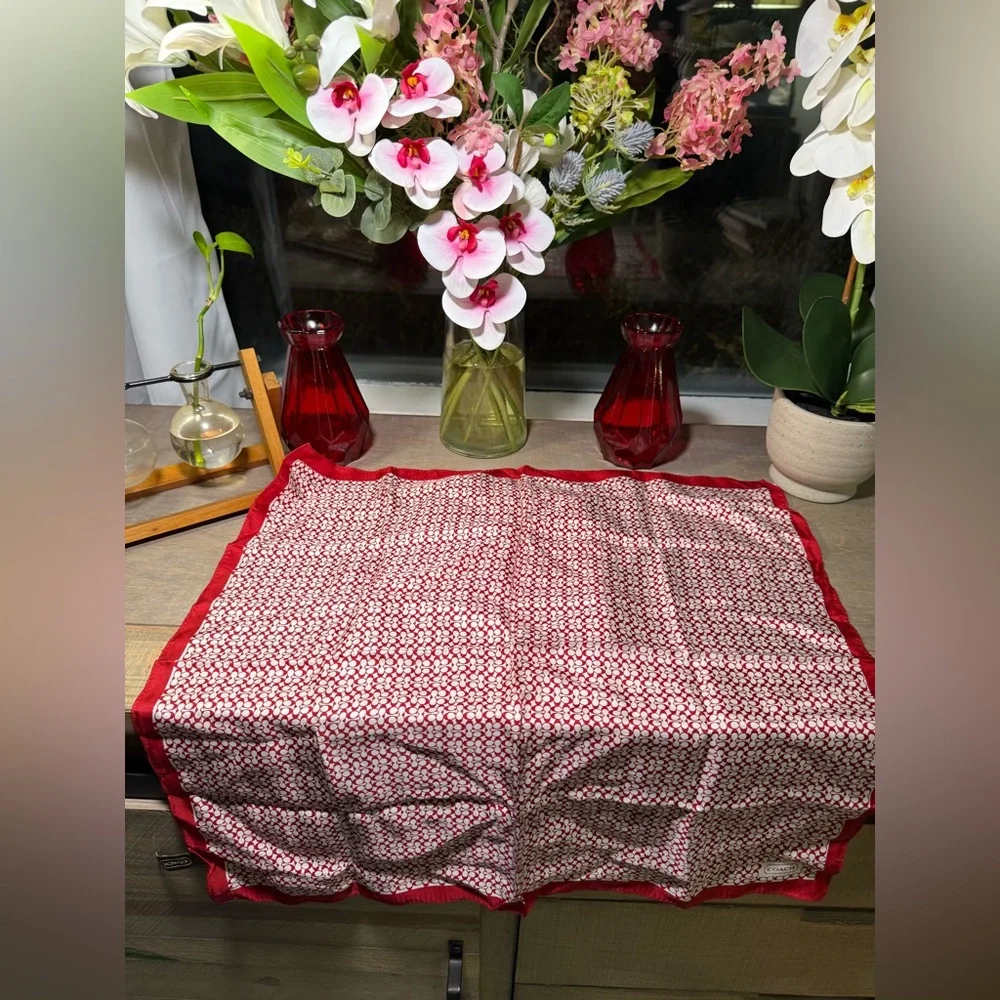 COACH Signature Print Silk Square Scarf in red. - Picture 7 of 7